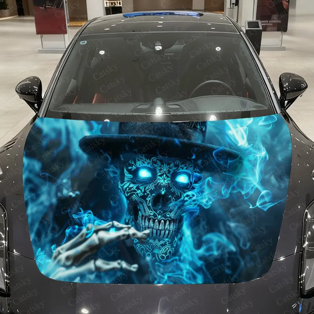 Blue Light Skull Gentleman Car Vinyl Wrap, PVC Material Waterproof Car Hood Sticker, Self-Adhesive Scratch-Resistant Stickers fo