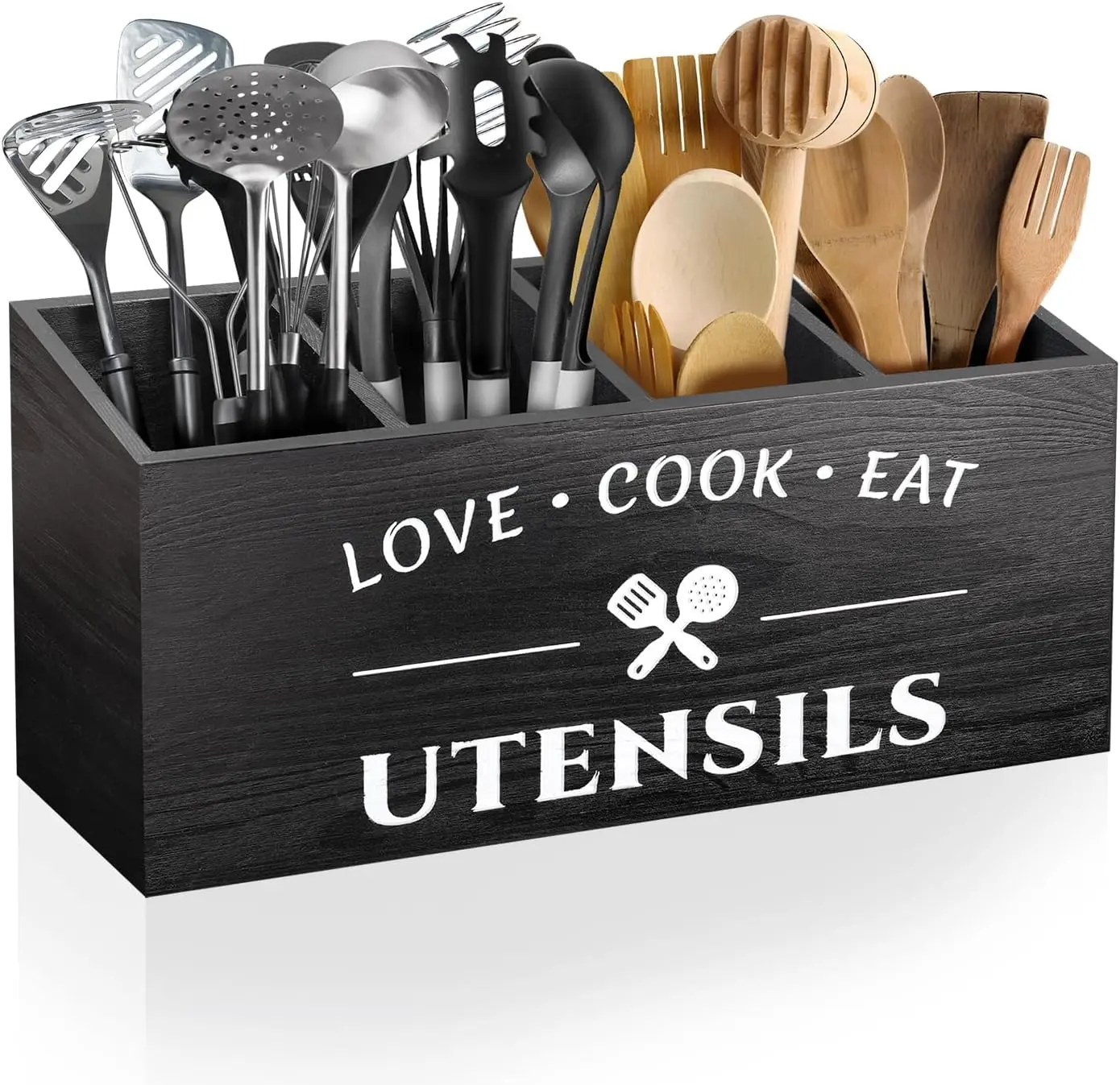 

Wooden Kitchen Utensil Holder with 4 Compartments, Rustic Farmhouse Cutlery Caddy for Fork Spoon Spatula