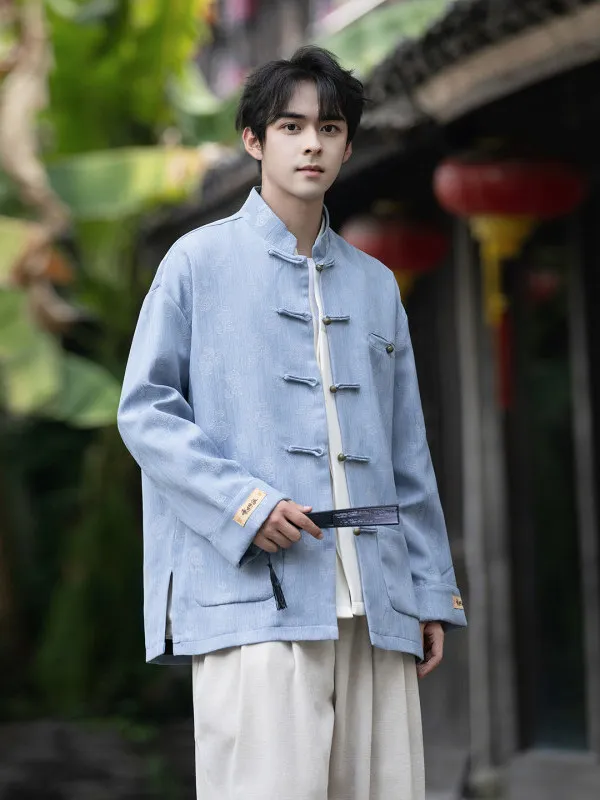 

Loose Fit Denim Jaet Light Blue Copper Button Design Tang Costume Outerwear Men's Stand Collar Zen Sle Hanfu Jaet
