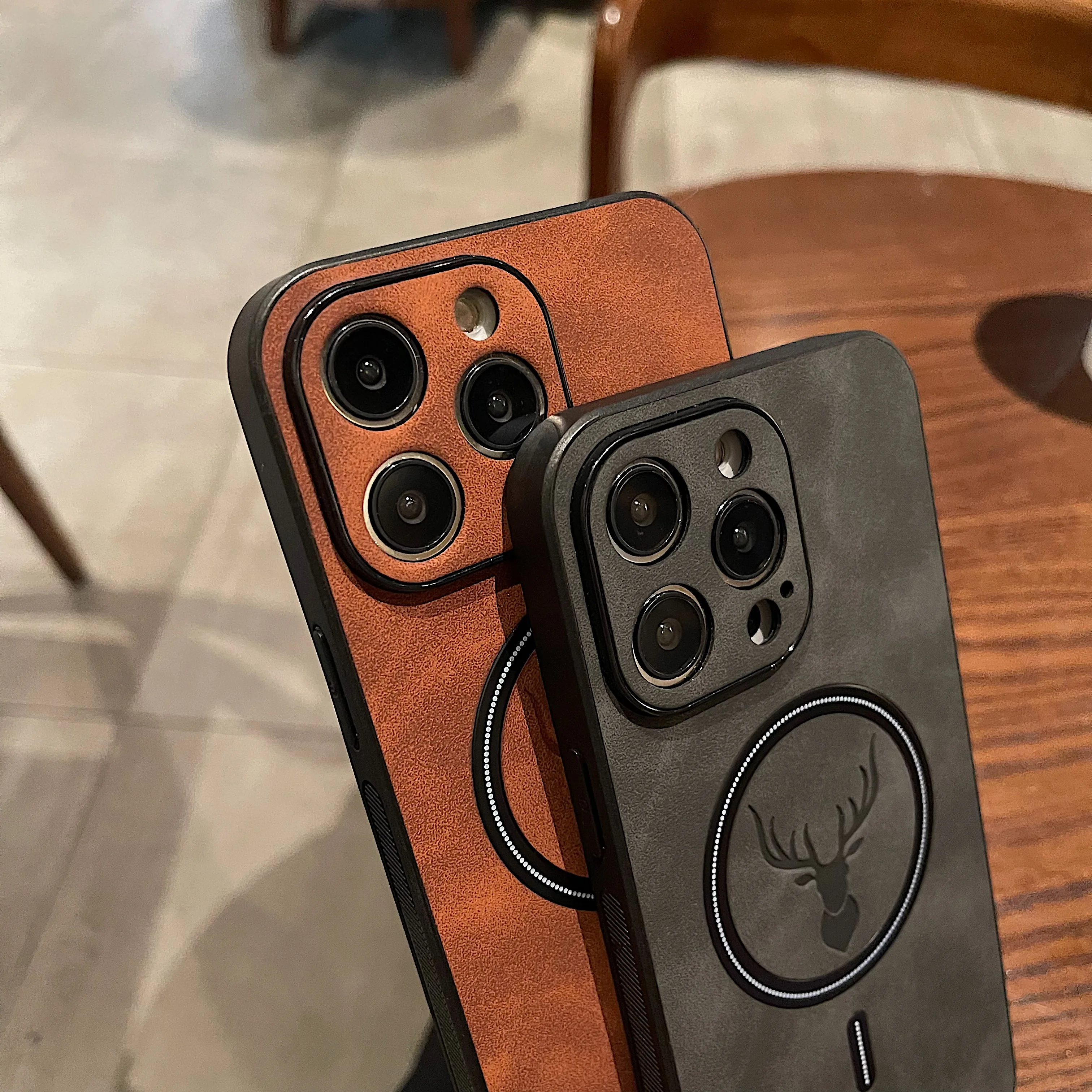 Luxury Business Deer Wireless Charging Magnetic Cortex Case For iPhone 14 13 12 11 15 Pro Max Plus X S XR Magsafe Chic Cover