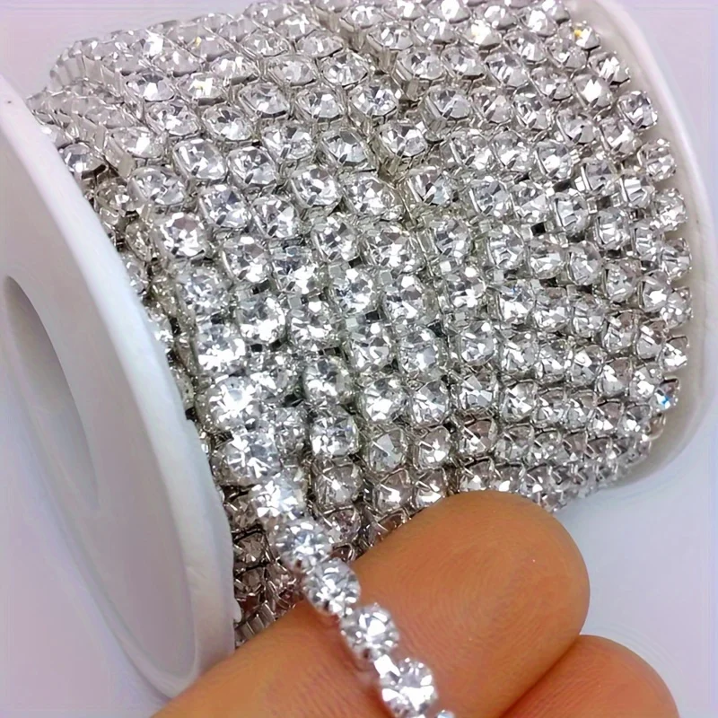 

10 Meters Rhinestone Chain Trim Silvery Base Sparkling Crystal for Clothes Jewelry Decoration DIY Sew On Glue On Use SS6-SS16