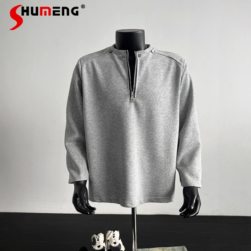 

Мужские модные футболки с заклепками в стиле High Street, весна-осень 2026, однотонные, с воротником на молнии до середины груди, с наплечниками, с длинным рукавом