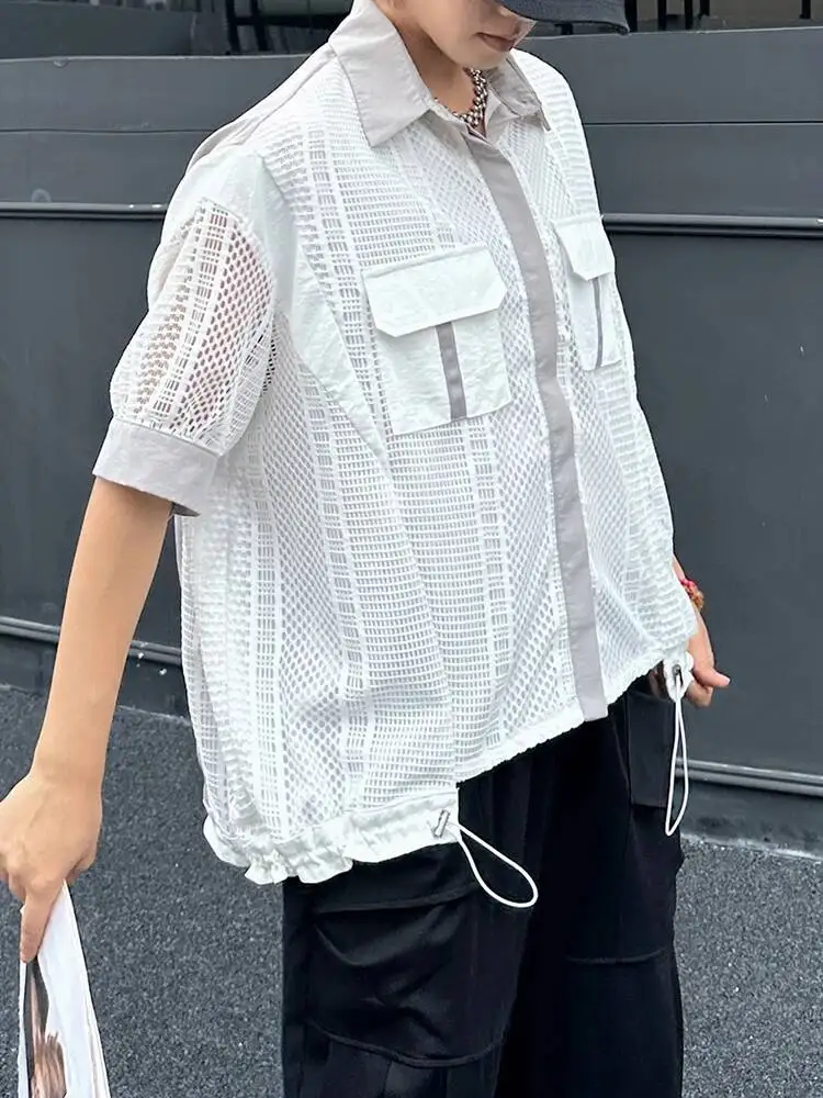 Women White Hollow Out Drawstring Big Size Blouse New Lapel Short Sleeve Shirt Fashion Tide Spring Summer