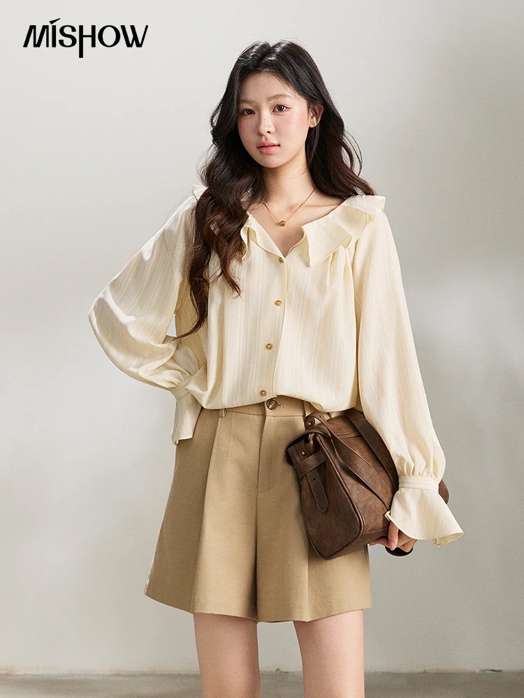 

MISHOW Women's Ruffled Collar Striped Shirt 2026 Spring Flare Sleeve Elegant Casual Loose Long Sleeve Top Office Lady MXF13C2438
