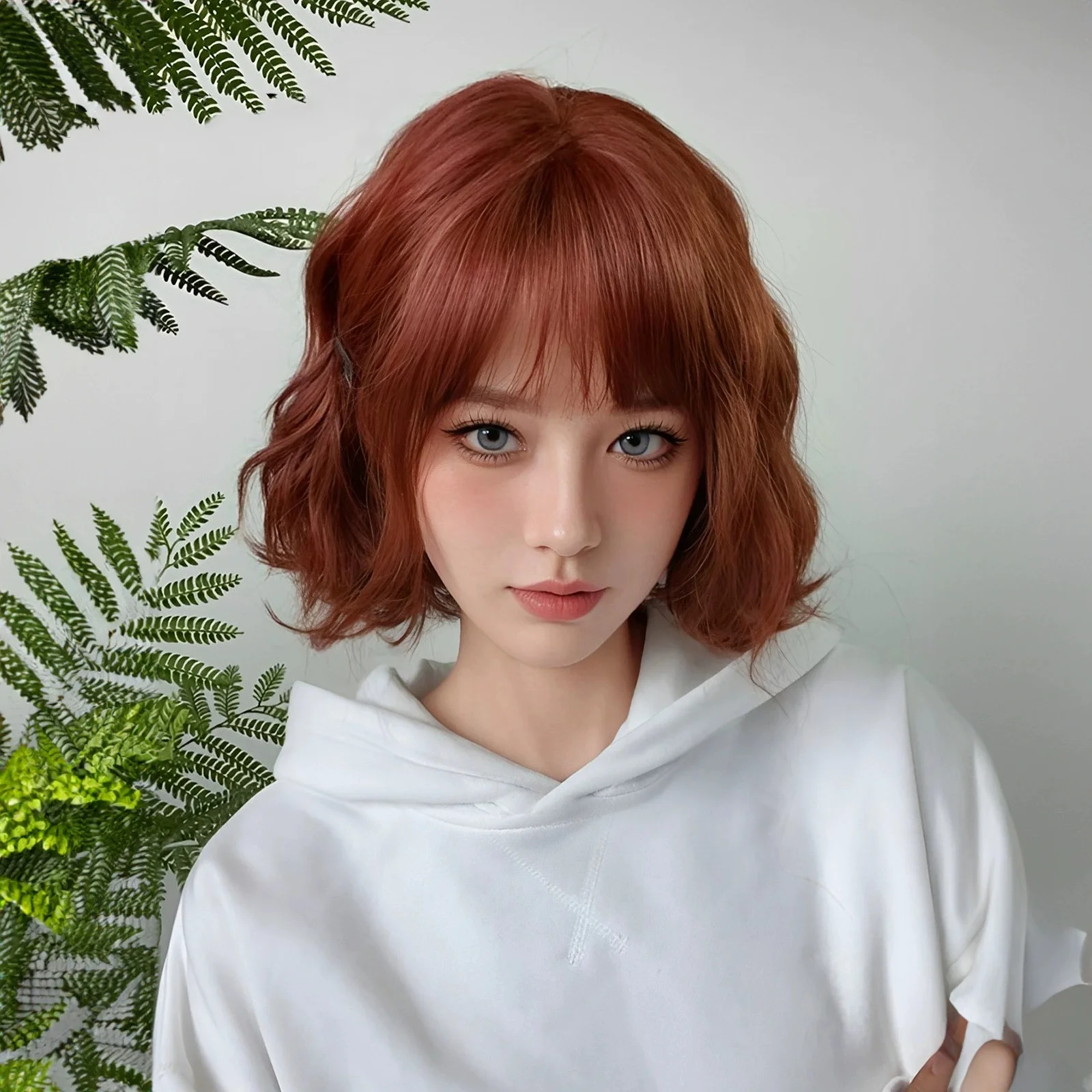Allbell Magique Korte Golvende Pruik Bob Krullend Pruik Met Pony Vuile Oranje Lolita Pruiken Natuurlijke Synthetische Pruik Voor Vrouw Hittebestendig
