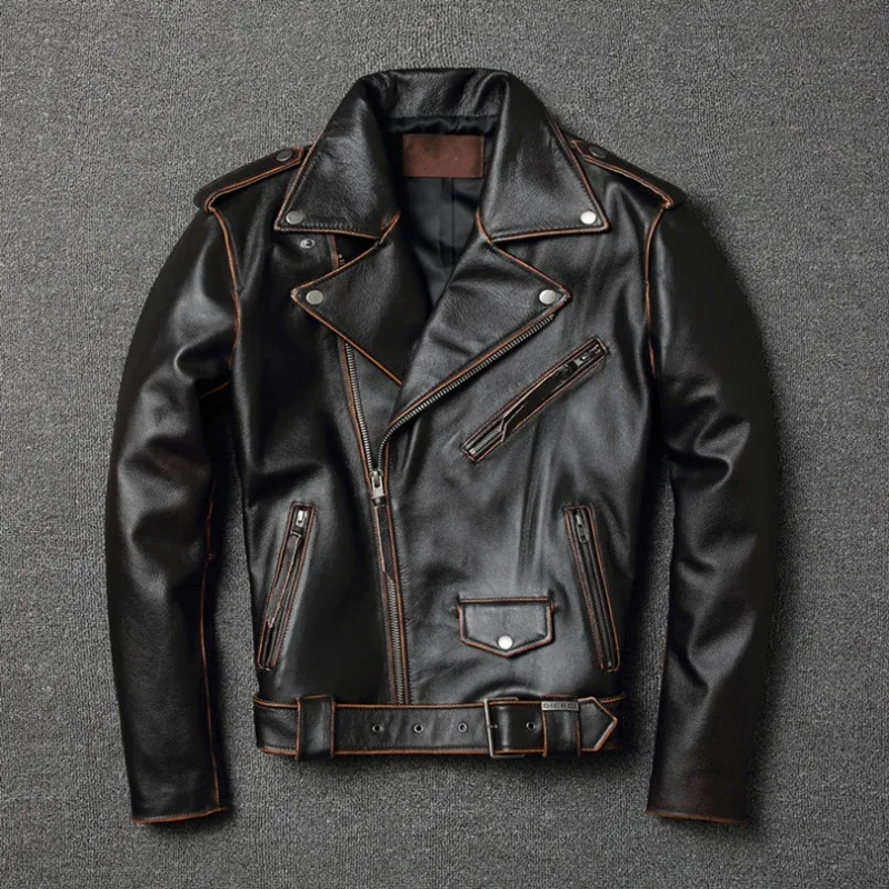 Motorcycle Suit Leather Jacket Men's Autumn Short Lapel Retro Old Layer Motorcycle Jacket