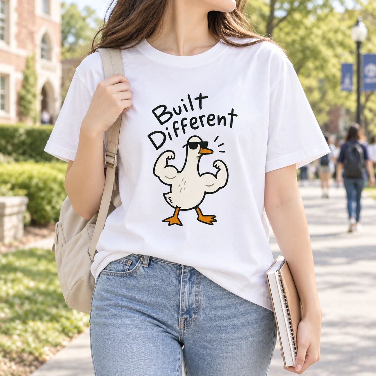 100% Heavyweight Cotton Women T Shirt Built Different Muscular Duck Graphic Tee Casual Campus Streetwear Top