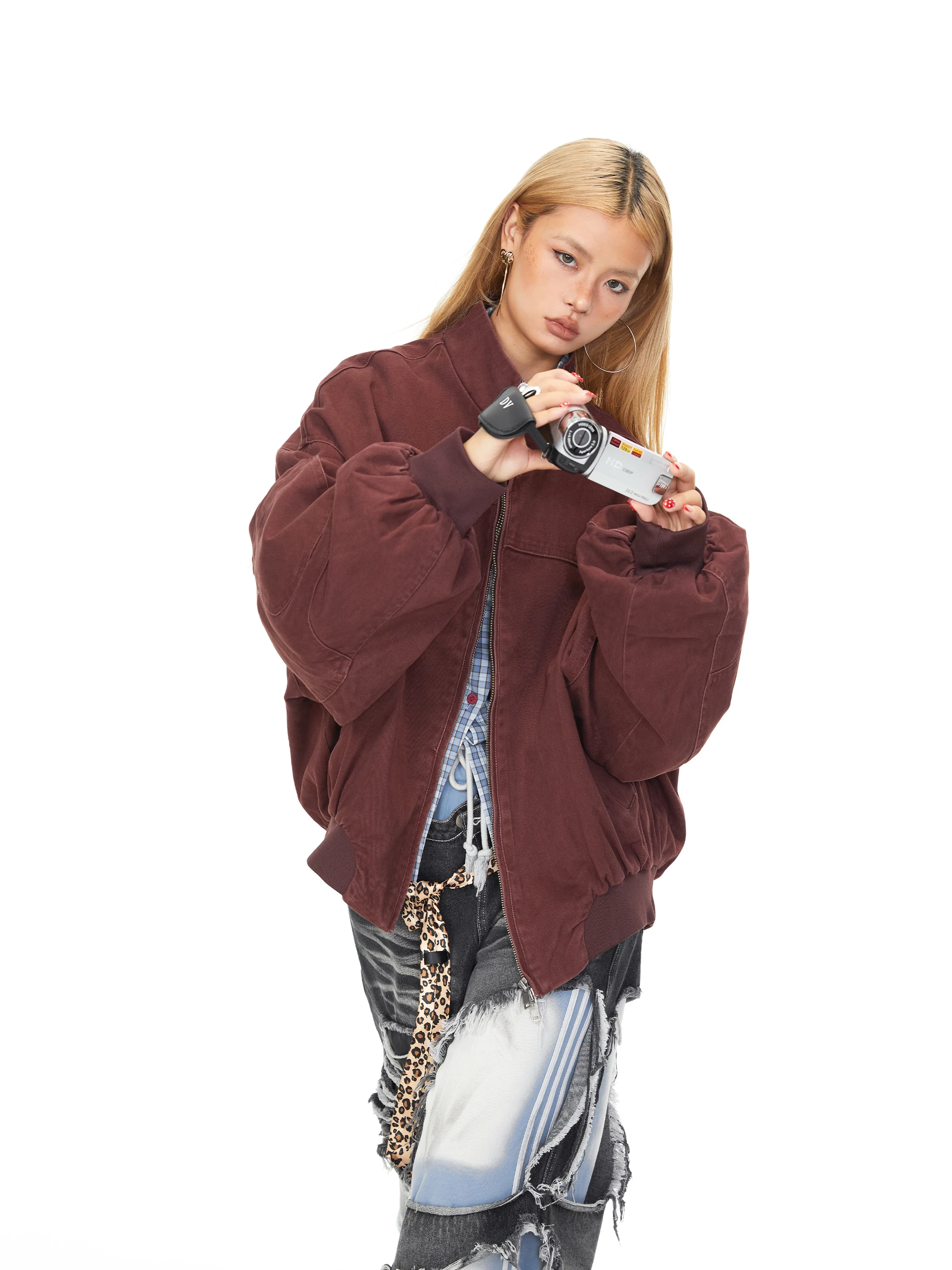 Blackbb Vintage Streetwear Loose Fit Stand Collar Flight Jacket Women Autumn Winter Cotton Casual Outerwear Coat