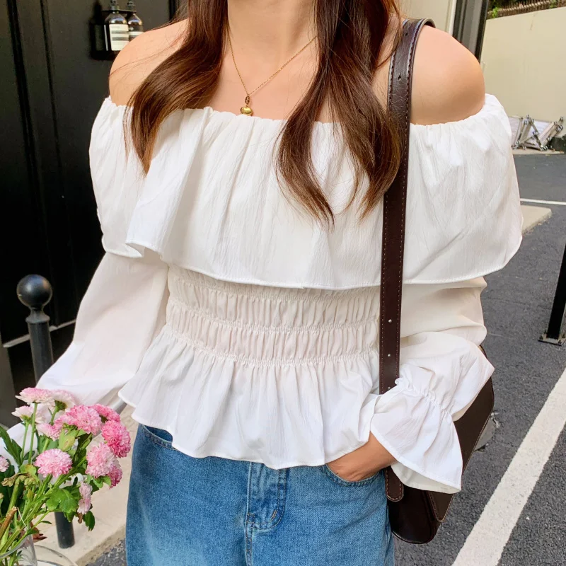 

Spring New Korean Style Off-Shoulder Design Ruffle Long Sleeve Pullover Shirt Top
