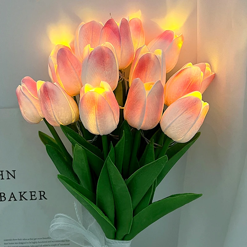 10/15pcs LED Tulips Artificial Flowers PU Tulip Fake Flower Bouquet Night Light for Home Garden Decoration Wedding Birthday Gift