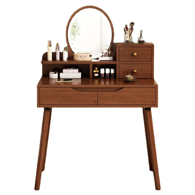 

dressing table, small apartment bedroom, simple, log style, storage integrated makeup table