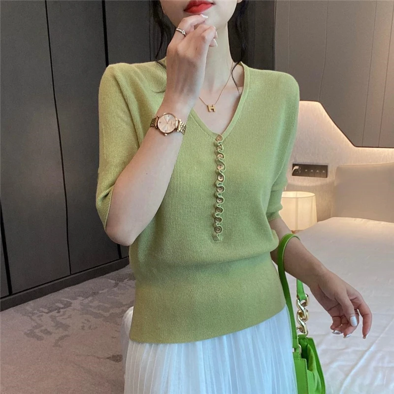 Women Ruffled Buttons Elegant Chic Knitwears Summer Fashion V Neck Half Sleeve Solid Slim Pullovers Office Lady Basic Knit Tops