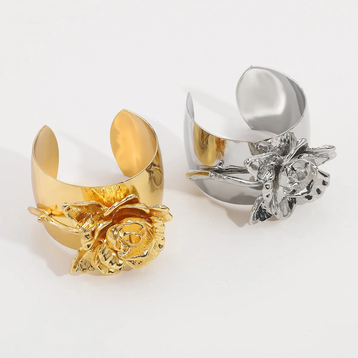 KMVEXO Exaggerated Chunky Gold Silver Color Metal Flower Open Cuff Bangles for Women Punk Goth Irregular Wide Bracelet Jewelry