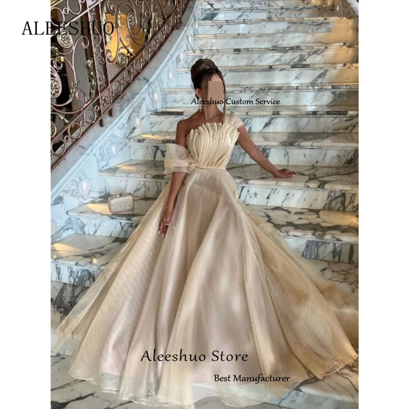 Aleeshuo Luxury Strapless Tulle Prom Dress Sleeveless Vintage Floor-Length Vestidos De Noche Ruffle A-line  فساتين مناسبة رسمية