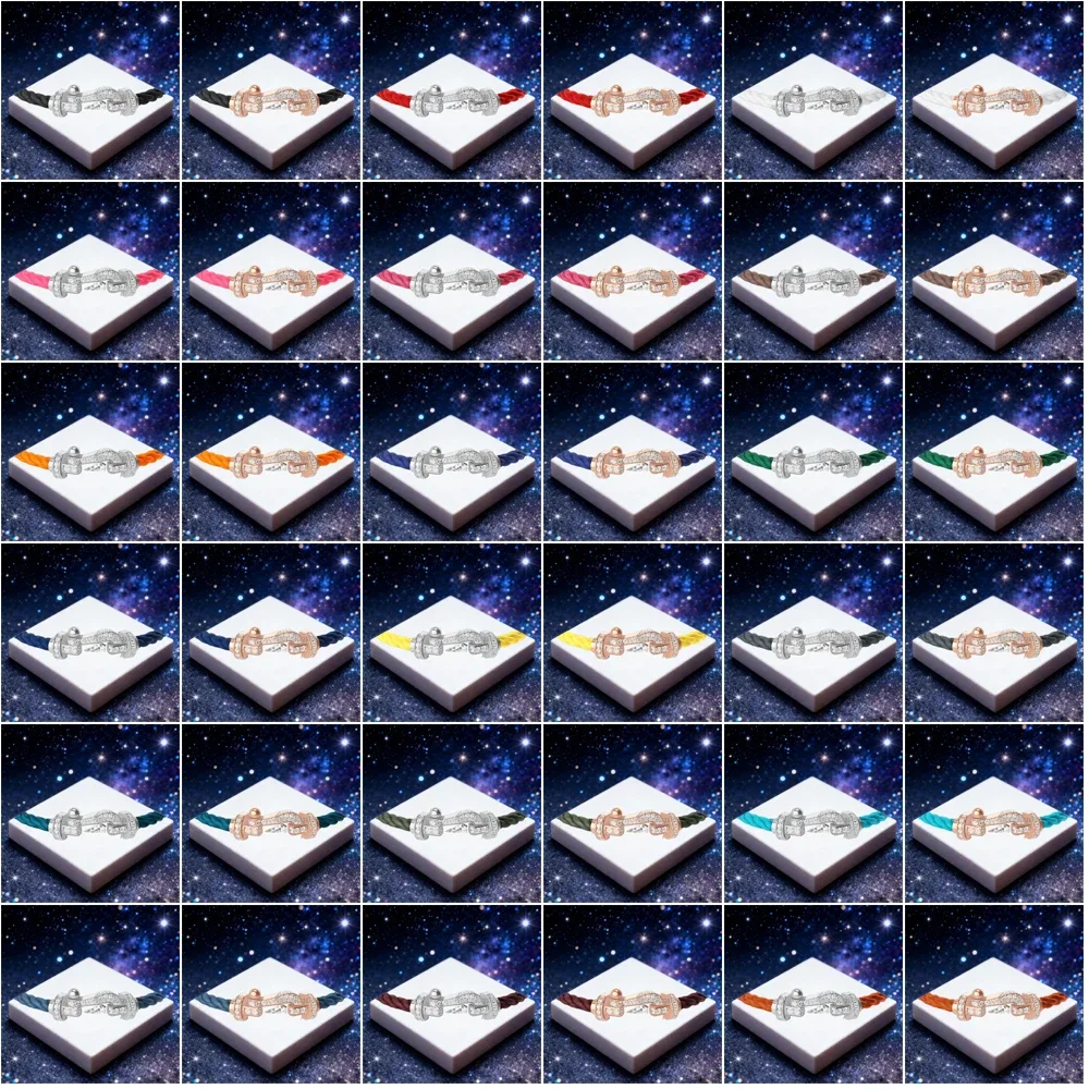 

KUXM New 925 Silver Full Zircon Blue Black Nylon Large U-Shaped Bracelet Female Party Gifts Luxurious Couple Daily wear Jewelry