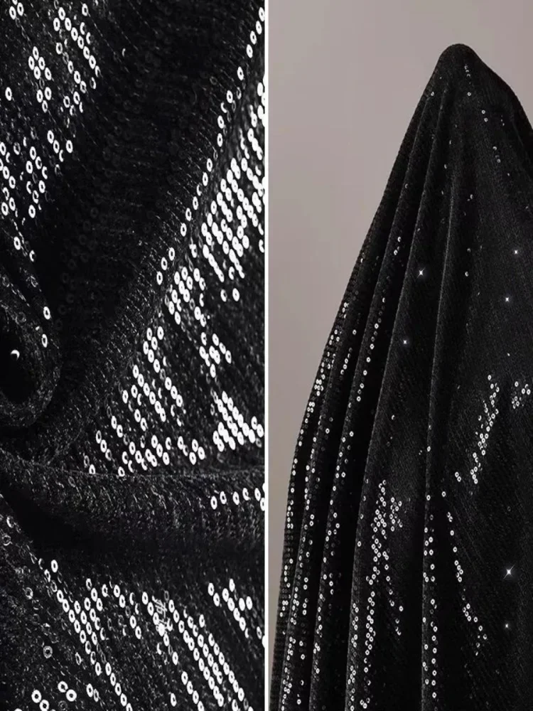 

Black Velour Embroidered 3mm Sequin Fabric for Design Dress Pants Top Korean Velvet Glitter Cloth Diy Sewing Material