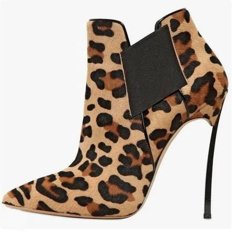 

Sexy Leopard Ankle Boots Pointed Toe Metal Heels Ladies Dress Shoes Cut-out Thin Heels Short Bootie Real Photo Boots