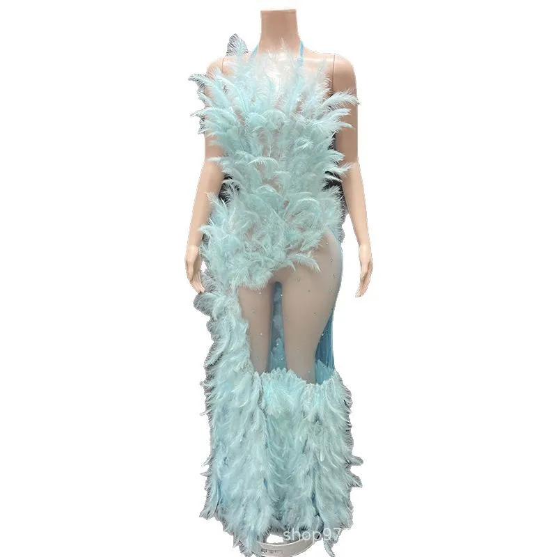 مزاجه المتخصصة الضوء الأزرق الجنية الفاخرة فستان من الريش المغني الأعمال موضة الغناء الملابس فستان حفلة عيد ميلاد من أي وقت مضى جميلة