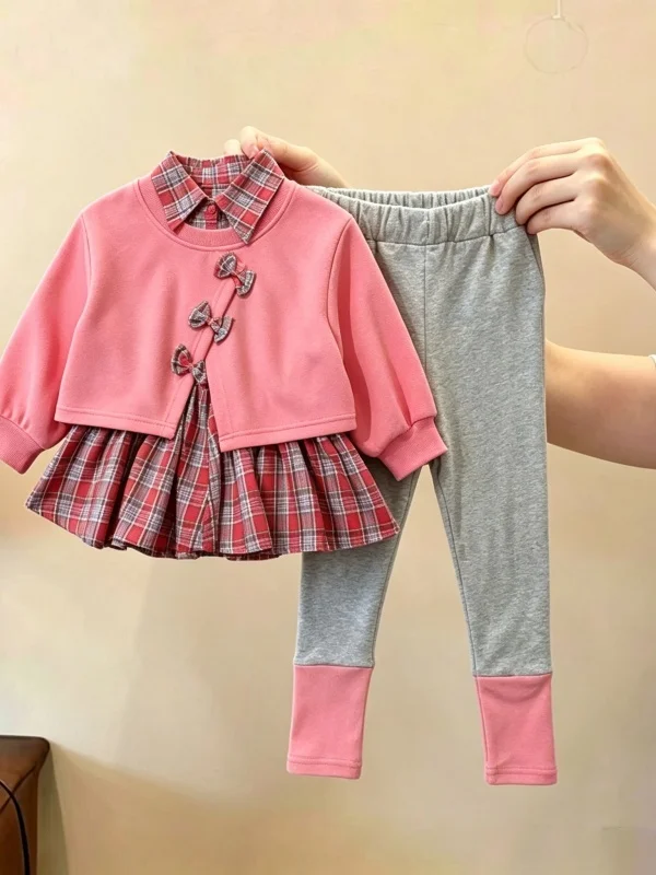 Girls Plaid Long Sleeve  Knot Two-Piece Set Sweet Autumn Fashion Small Children's Clothing Brandless School Uniform