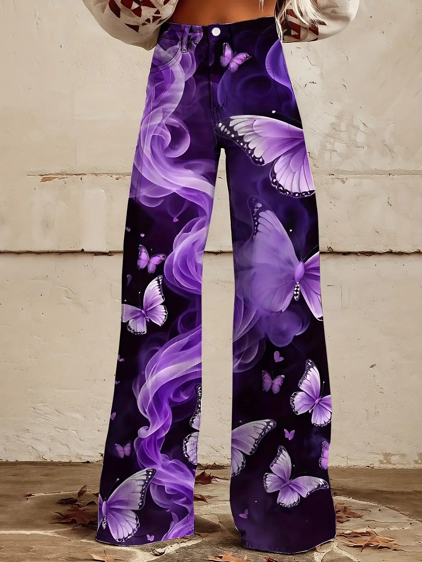  Women's new casual jeans with a variety of colorful western prints, Ladies' casual denim pants with tropical palm tree print