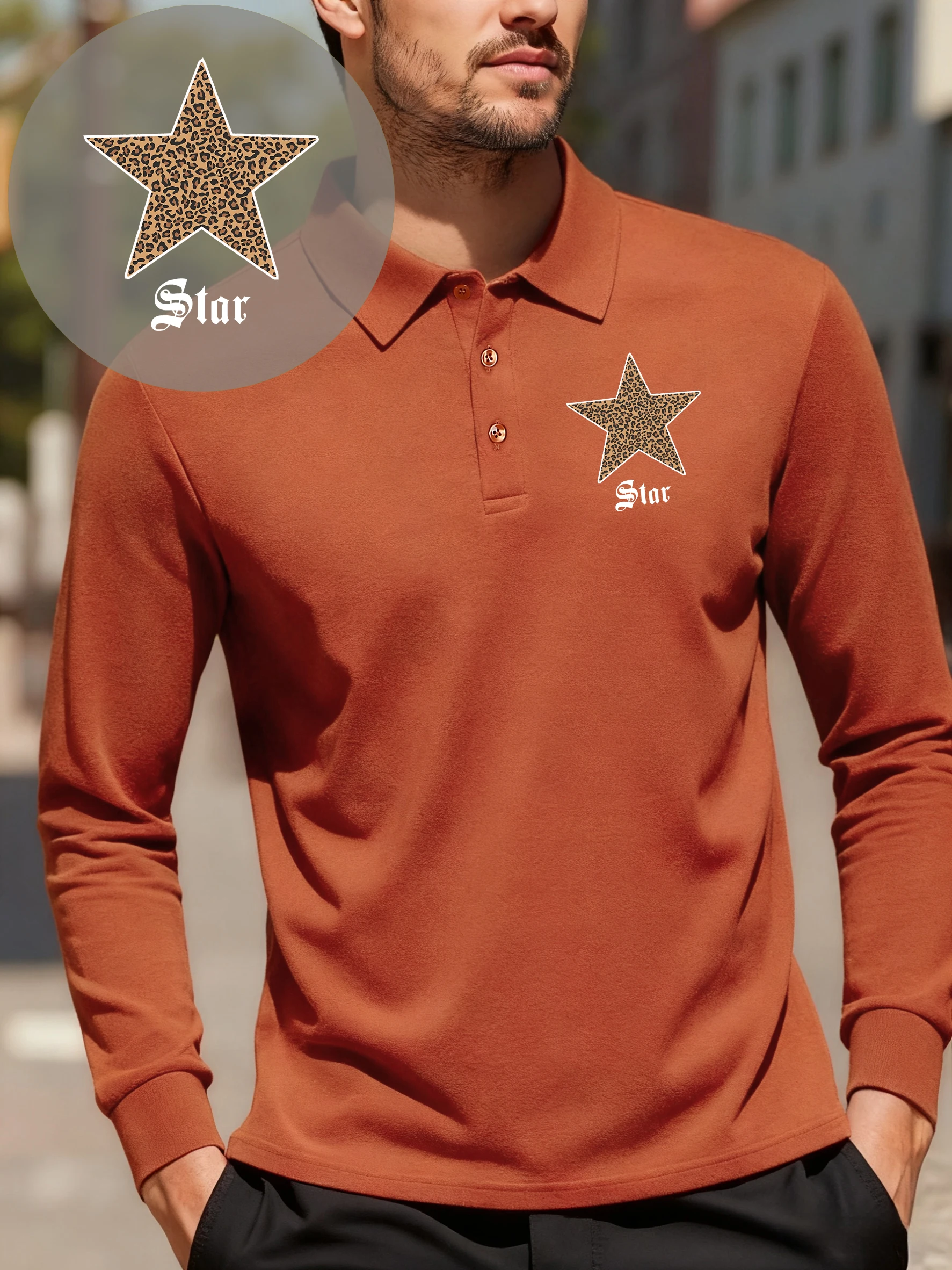 الإبداعية ليوبارد طباعة ستار يطبع رجل قمصان بولو الخريف الرياضة تي شيرت الأعمال الصوف طويلة الأكمام التلبيب ملابس كاجوال #2