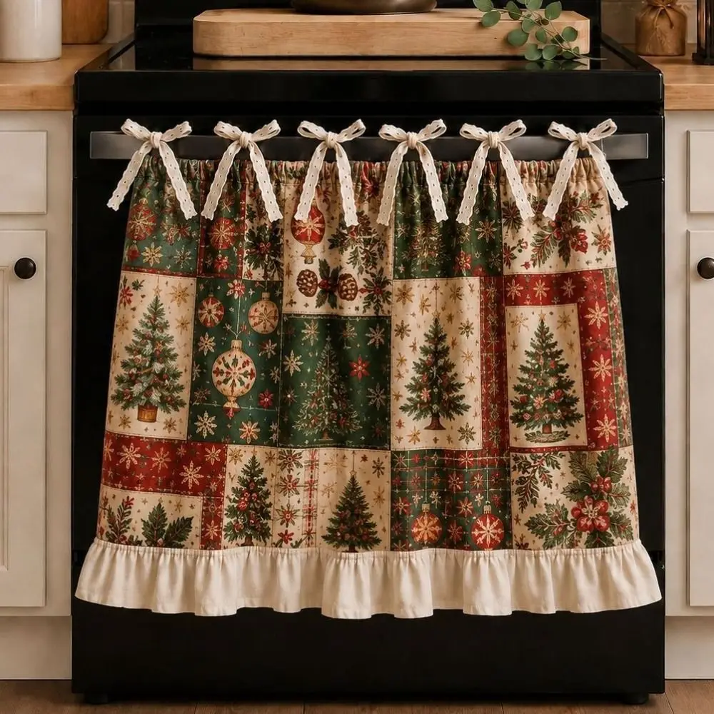 Ruffle Edge Christmas Oven Short Curtain Snowflake Printed Snowman Deer Santa Claus Oven Skirt Multi-functional
