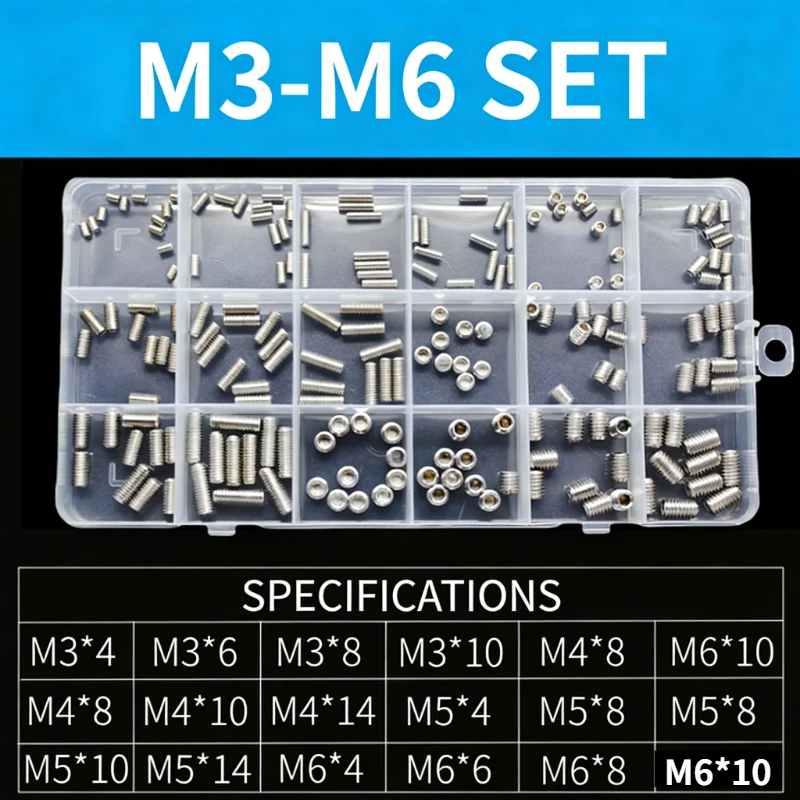 Allen Head Socket Hex Set Grub Screw M3 M4 M5 M6 Assortment Flat Cup Point 304 Stainless Steel With Plastic Box