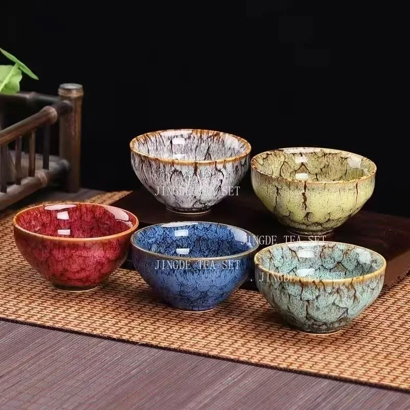Kiln Variation Ceramic Tea Cup Set 5 Colors Chinese Wuxing Tasting Cups Handmade Porcelain Tea Bowls Gongfu Teaware Gift Box