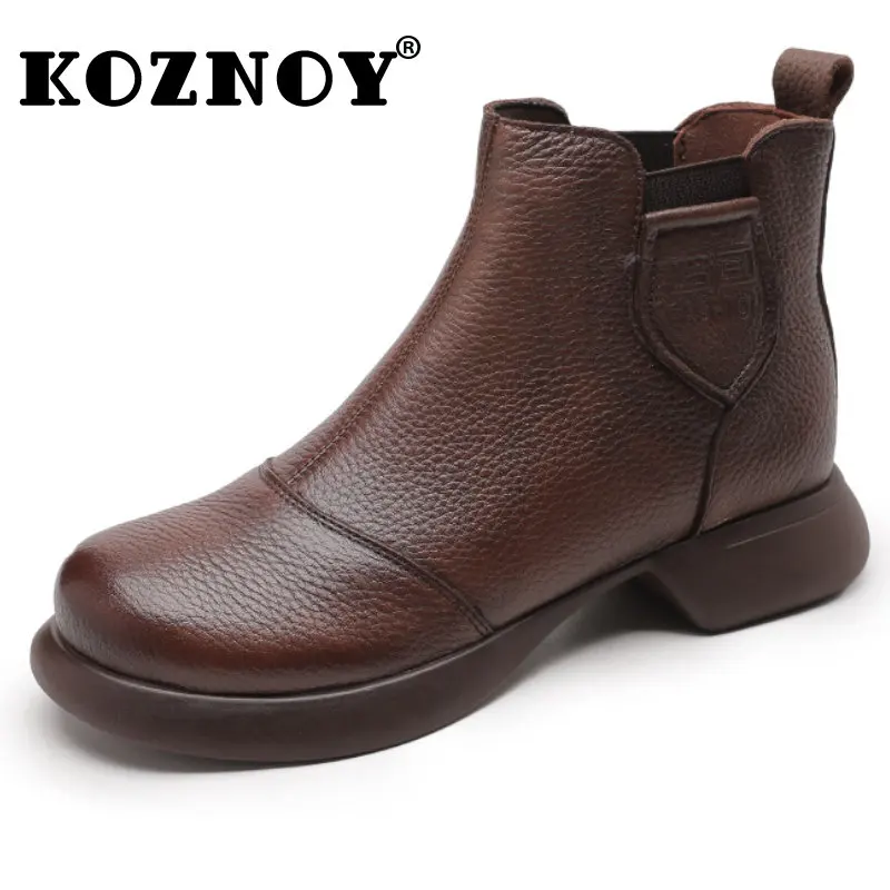 

Koznoy 3cm Genuine Leather Women Chelsea Chimney Ankle Mid Calf Boots Spring Autumn Fashion Flats British Style Soft Comfy Shoes