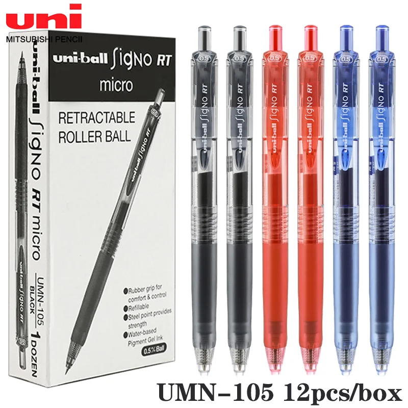 Canetas UNI-Gel para Escrita, Ballball Pen, Secagem Rápida, Artigos de Papelaria Estudante, Acessórios de Escritório, 0.5mm, UMN-105, 12Pcs por Caixa