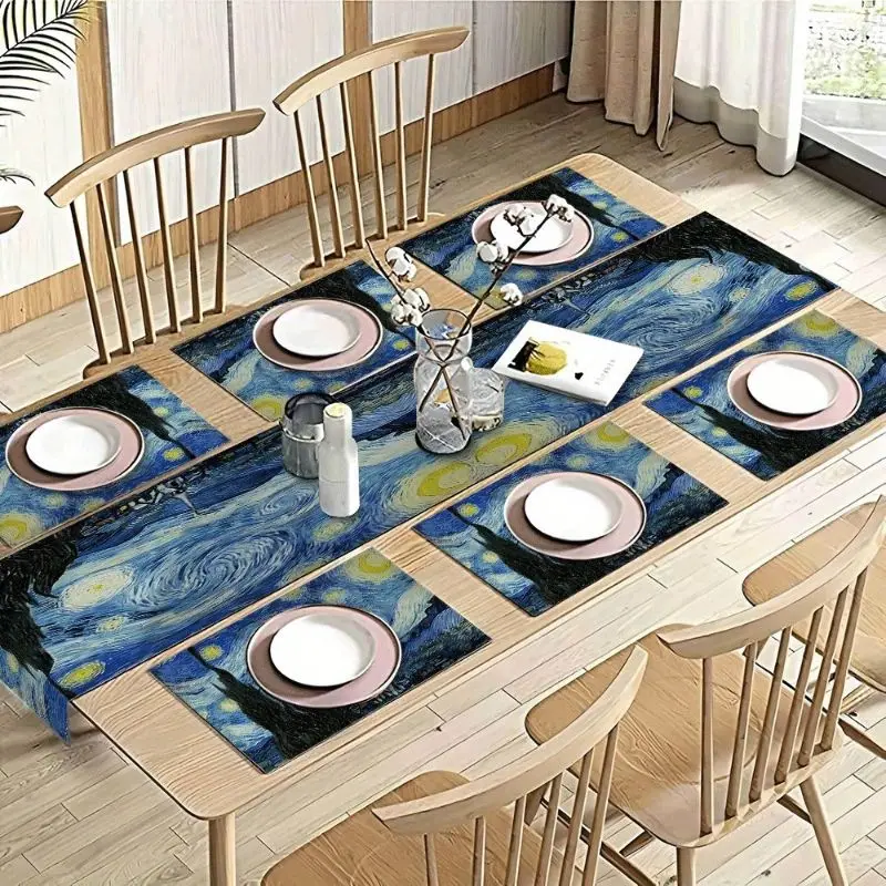 VIKAMA Oil Painting Starry Sky Retro Style Table Flag Placemat Set Waterproof And Anti Slip Kitchen Dining Table Mat Home Decor