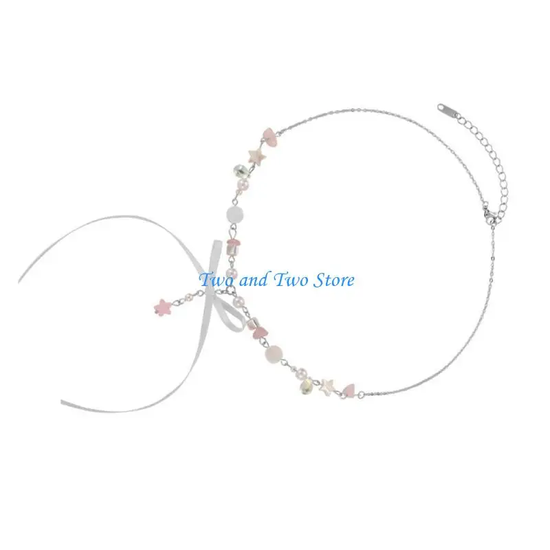 

HX6F Bowknot Pendant Necklace Sweet Cool Choker Star Bead Clavicle Chain Adjustable