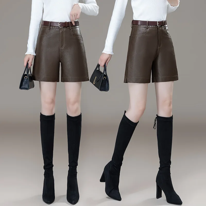 

Elegant Leather Shorts for Women, Autumn and Winter New Korean Style High Waist Slimming Versatile Elegant Shorts