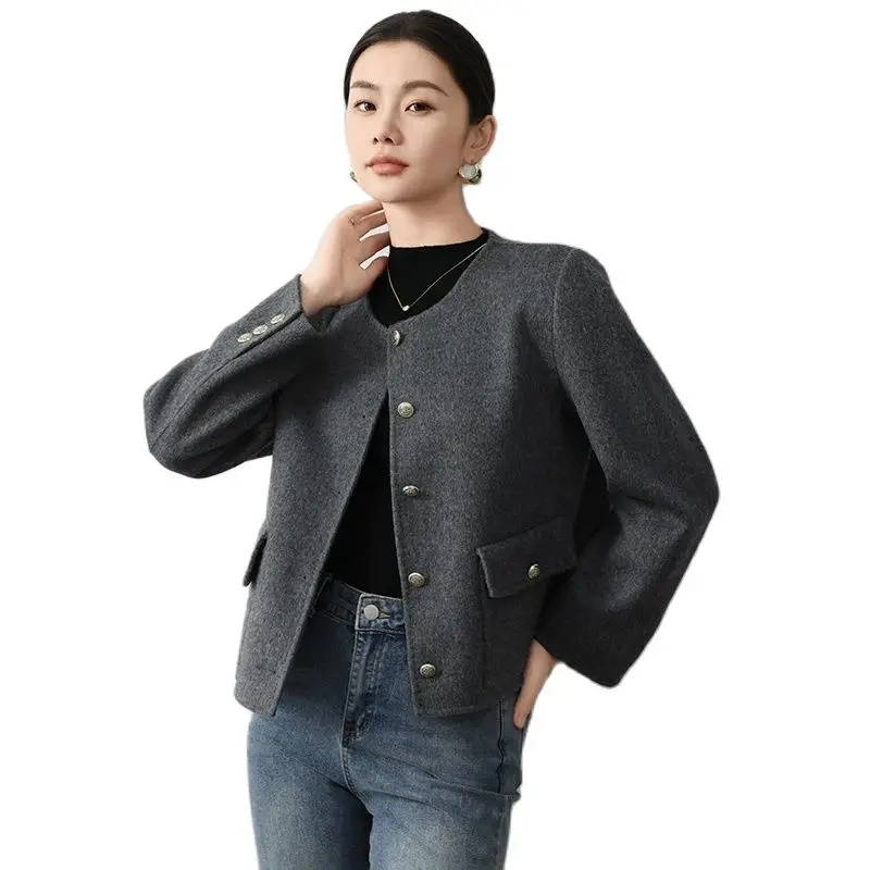 2024 Short Round Neck Women's Double-Sided 100% Pure Wool Coat High-Grade Autumn and Winter Western Style Small Woolen Coat Top