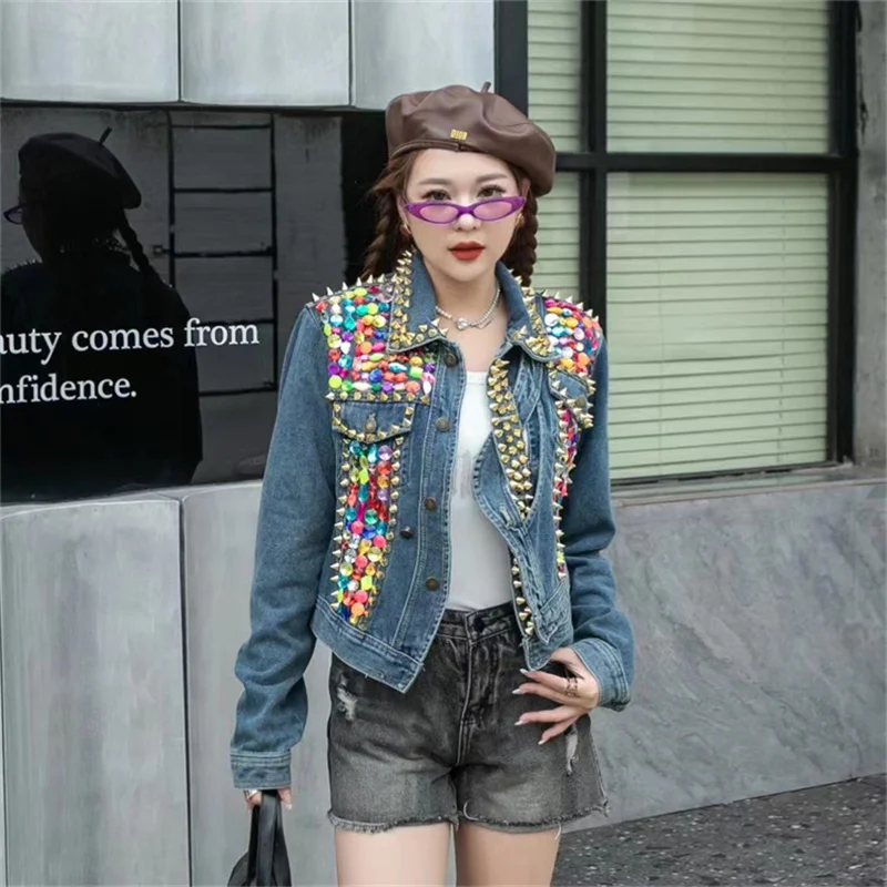 Manual Diamond Fashion Beaded Rivet Jeans Jacket Blue Light Blue Irregular Single-breasted Long Sleeve Slim Short Cowboy Outwear