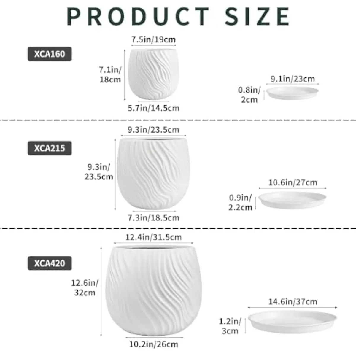 White Matte PP Planters Set 3 Sizes Fluid Ripple Texture Round Silhouette Drainage Holes Weather Resistant lightweight Fade Scra