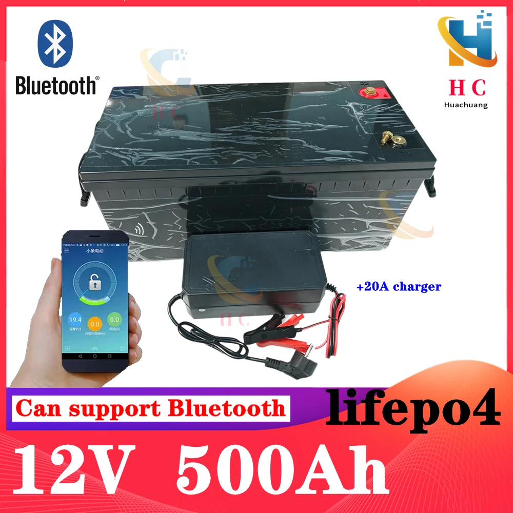 12V 500AH 600Ah Lifepo4 battery lithium deep cycle with bluetooth BMS APP for Solar Storage trolling motor boat +20A charger