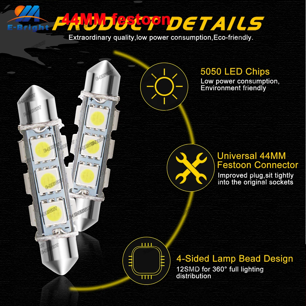 2PCS 44mm 578 212-2 Led Bulb 569 C5W 12V Festoon Bulb Car Interior Map Dome Reading Ceiling Pate Number Lamp White Festoon Bulb