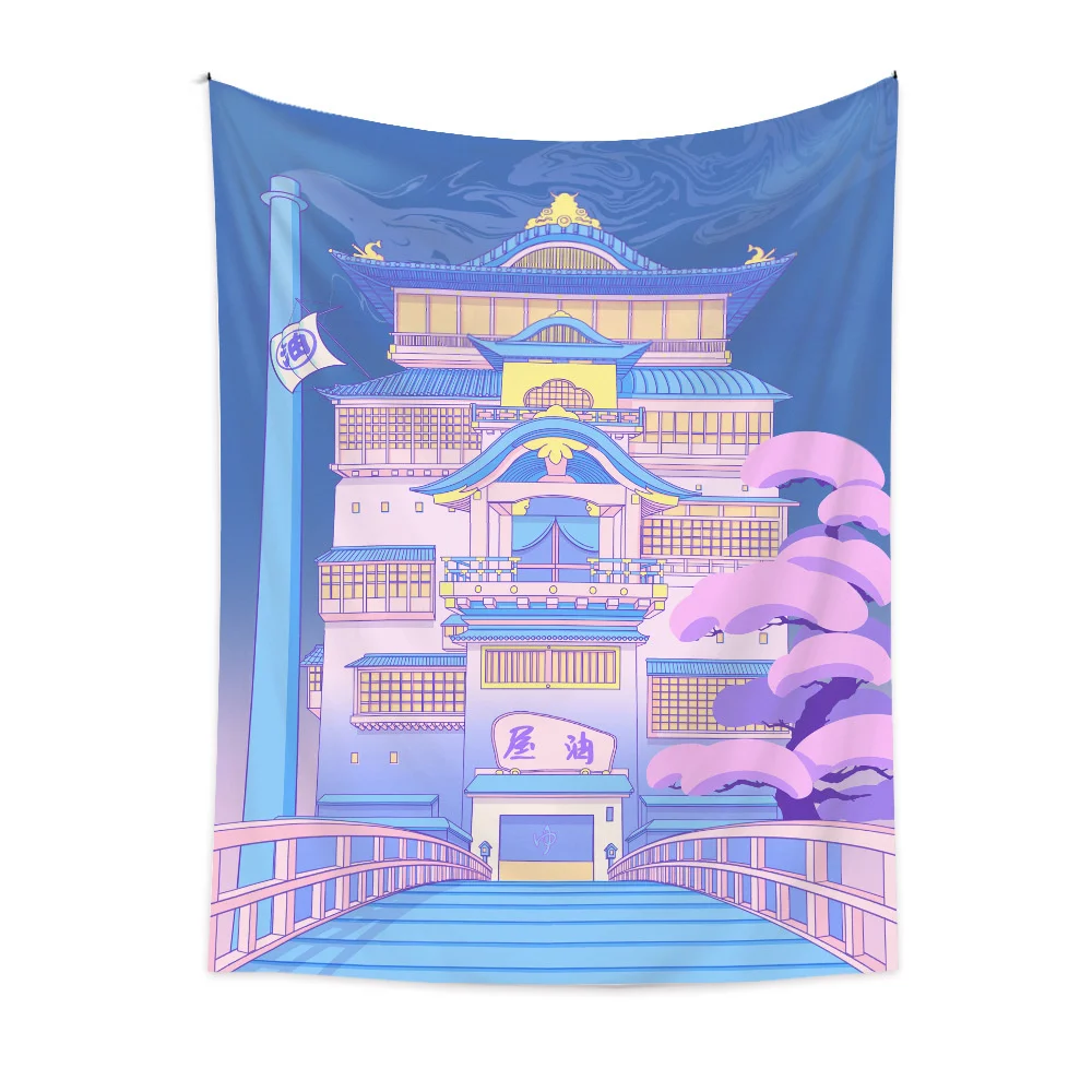 Purple landscape city building tapestry anime character wall hanging cloth bedside carpet room decoration tapestry