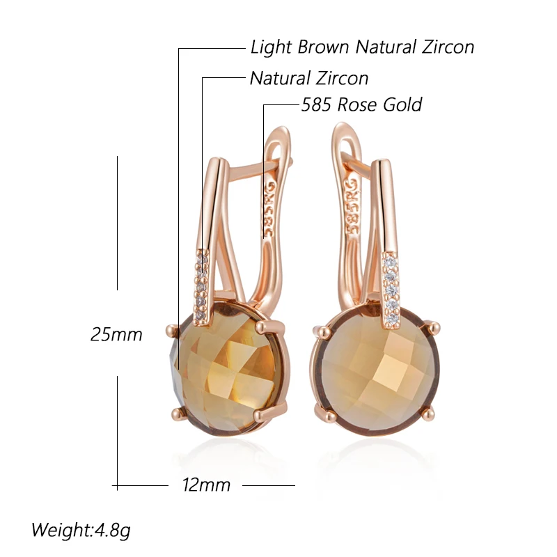Kinel Fashion Round Light Brown Natural Zircon English Earrings for Women Simple 585 Rose Gold Color High Quality Daily Jewelry