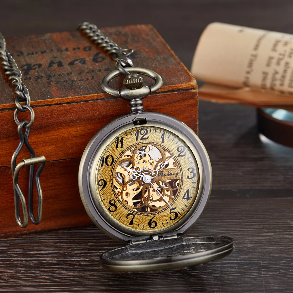 Solid Wood Mechanical Pocket Watch FOB Chain Locket Dial Hollow Steampunk Skeleton Men Women Mens Male Clock Watches Box Package