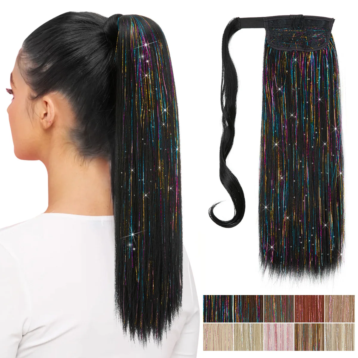 New Wig with Long Straight Hair, Tie Up Style, Colorful Hair Mixed with Braids, Wrap Around Ponytail Extension