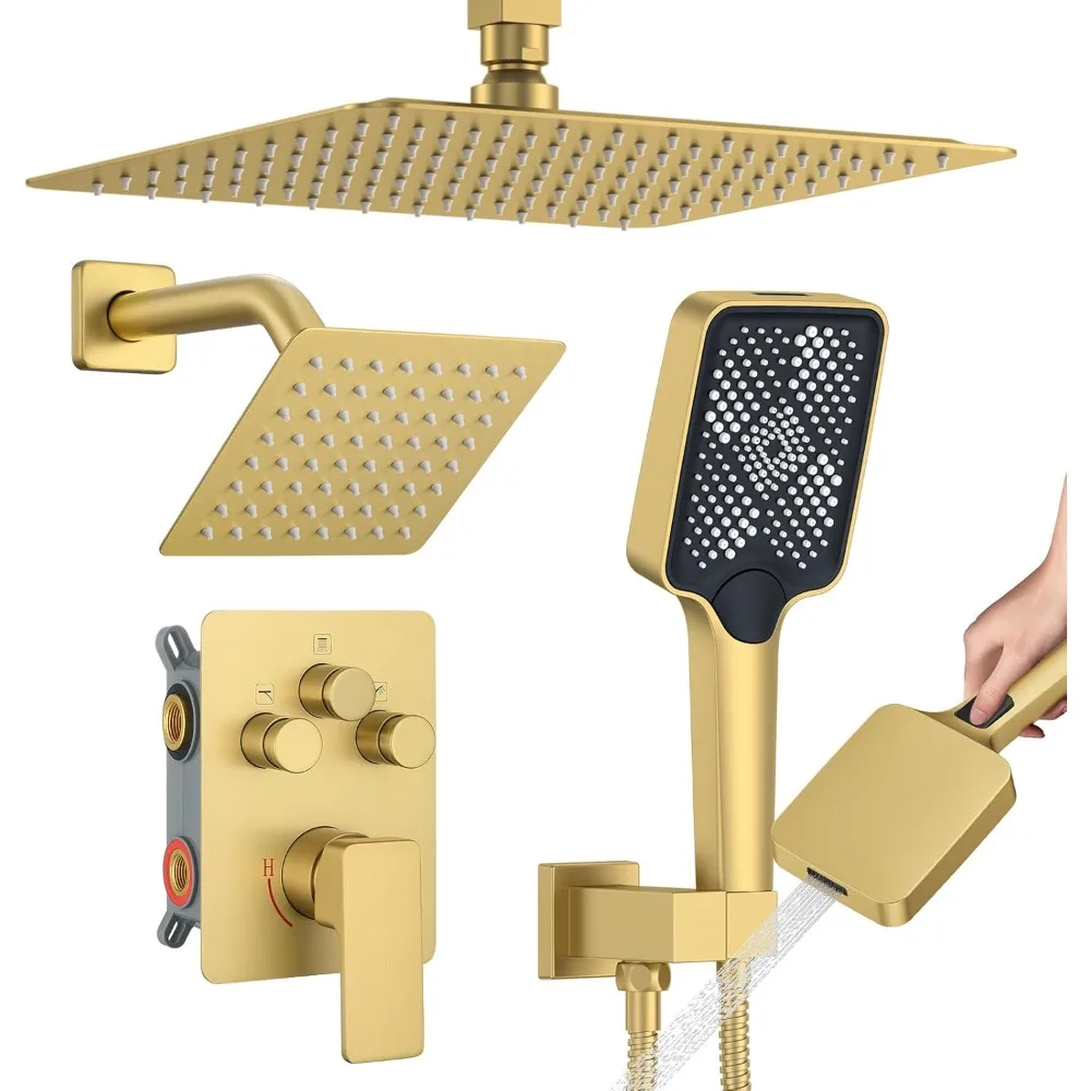 

Shower System, with 2 Rain Shower Head And Multi-function Handheld Head Push Button Diverter Pressure Balancing Valve Kit