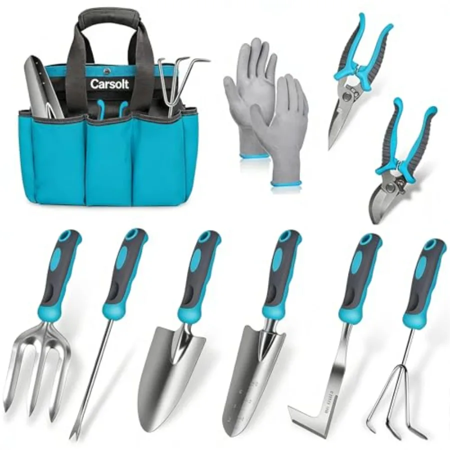 Gardening Tools, 10 Piece Heavy Duty Stainl Steel Garden Tools Set with Ergonomic Rubber Handle. Variety of Gardening Hand Tool