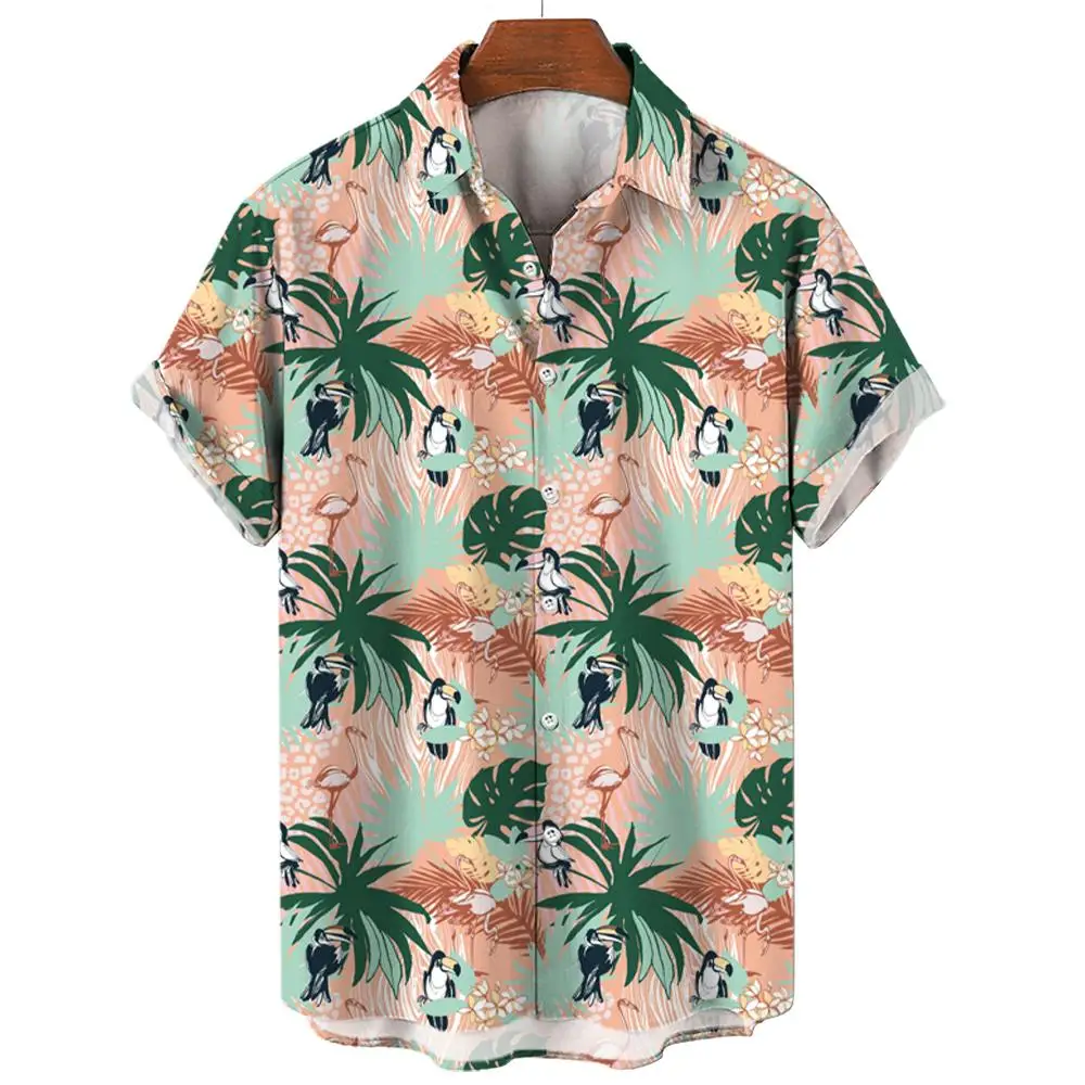 Hawaiian Men's Shirt Casual Toucan Print Short Sleeved Shirt Lapel Collar Tops Original Men's Tee Oversized Button Blouse Tops