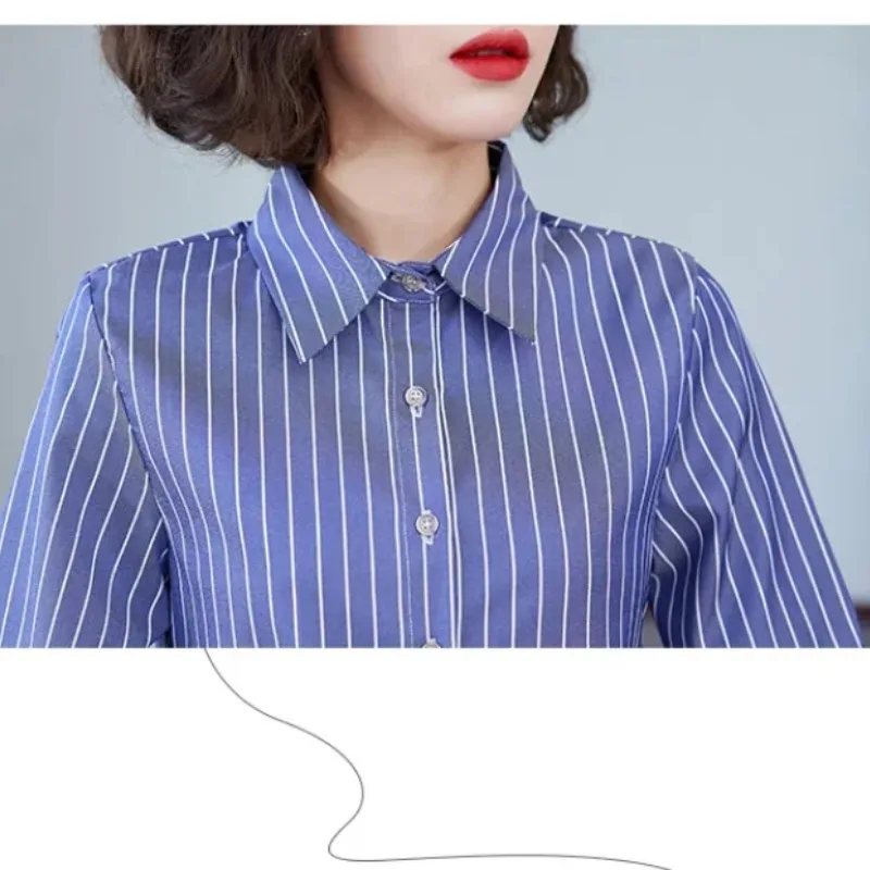 Cárdigan de manga larga con cuello vuelto para mujer, camisa con botones a rayas, informal, elegante, para oficina, primavera y otoño