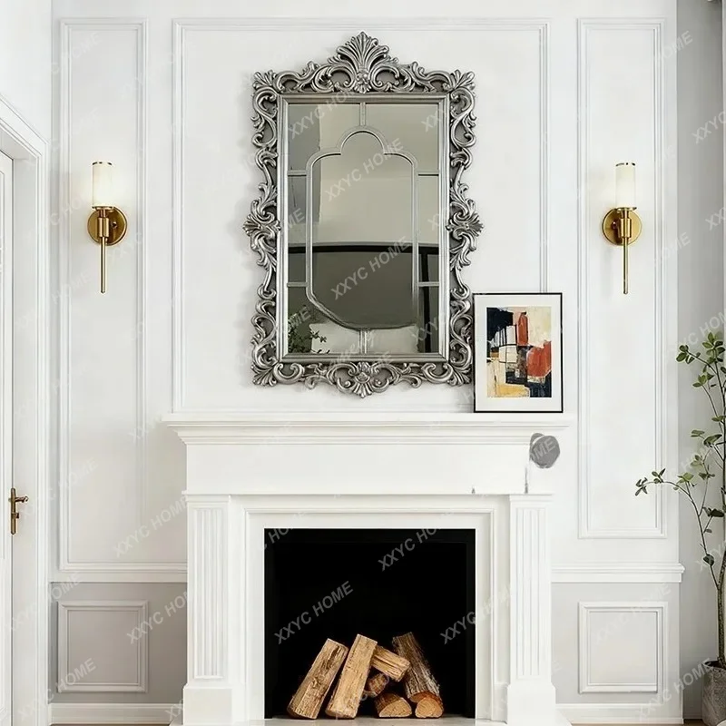 

retro fireplace decoration carved makeup mirror villa entrance background wall wall wall hanging square mirror