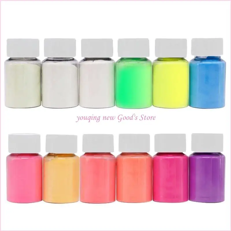 57QA 12 لون مسحوق مضيء يتوهج في الظلام مسحوق صباغة للراتنج الفن الوحل مسمار الفن الاكريليك الطلاء وصنع الحرف اليدوية