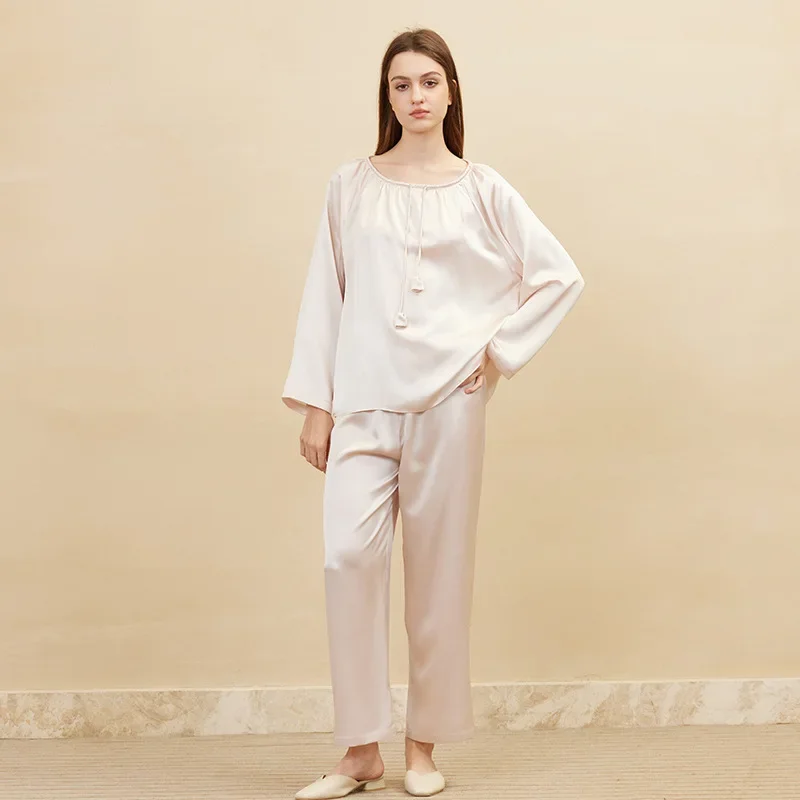 100% Mulberry Silk Ladies Homewear Pajamas Set Round Neck Drawstring Nightwear Long Sleeve Two-piece Long Pants Cardigan Set