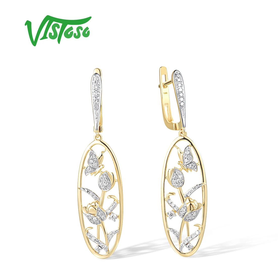 VISTOSO Real 14K 585 Yellow Gold Butterfly & Flower Earrings For Women Sparkling Diamonds Dangling Latch Back Fine Trend Jewelry